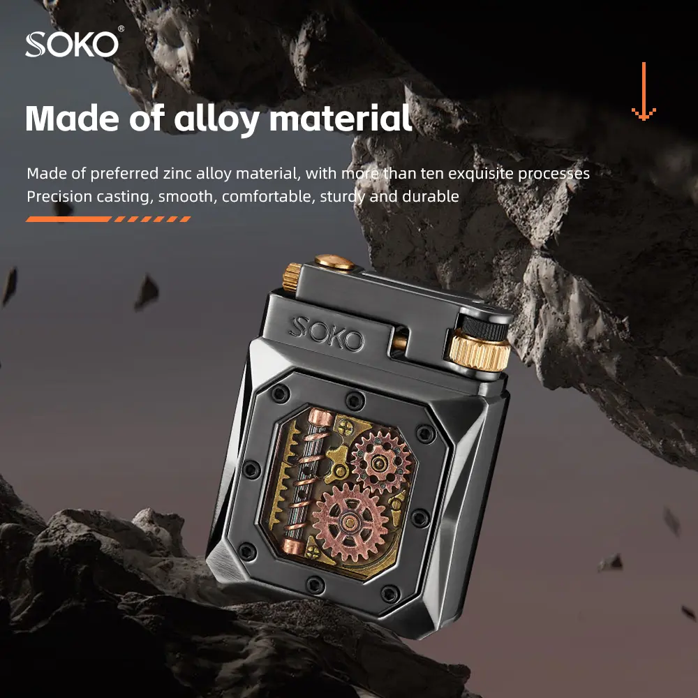 SOKO Metal Gear-Theme Lighter, Zinc Alloy Precision-Cast, Smooth, Comfortable, Sturdy, Durable, 1-Click Ignite, Steampunk Look【Excluding Kerosene】
