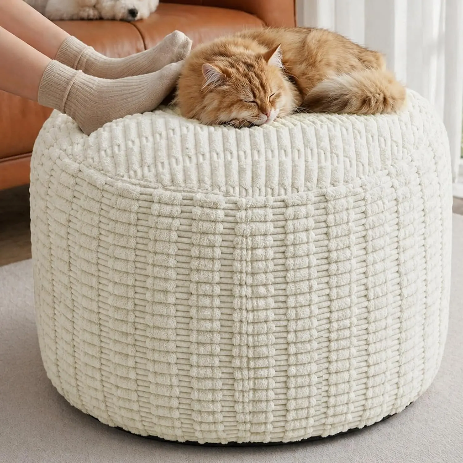 Large Round Pouf Ottoman Stuffed Corduroy Poufs Foot Rest with Foam Filling Fluffy Pouf Storage Ottoman Relax Stool for Living Room Couch 26 X 18 Inches, Cream
