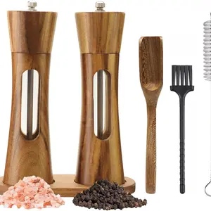 Acrylic Wood Salt & Pepper Grinder Set, Solid Acacia Wooden Shaker with Adjustable Ceramic Core, Manual Peppercorn Grinder with Stand and Spoon, Salt Pepper Shakers