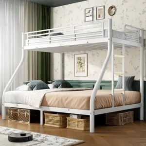 Twin Over Full White Bunk Bed Metal Frame with Sturdy Steel Construction Full Length Guardrails Removable Ladder Space Saving High Low Bed for Small Rooms Guest Room Student Dorm