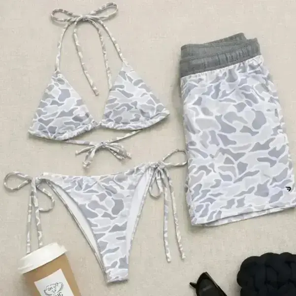 Grey Camo Matching Couple Swimsuit Set – Duck Camo Bikini for Women and Matching Swim Shorts for Men, Summer Beach Vacation Outfit