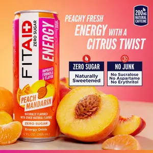 FITAID Energy Zero Sugar Energy Drink, Peach Mandarin, 200mg Natural Caffeine from Green Tea, 14 Vitamins & Supplements, No Sucralose
