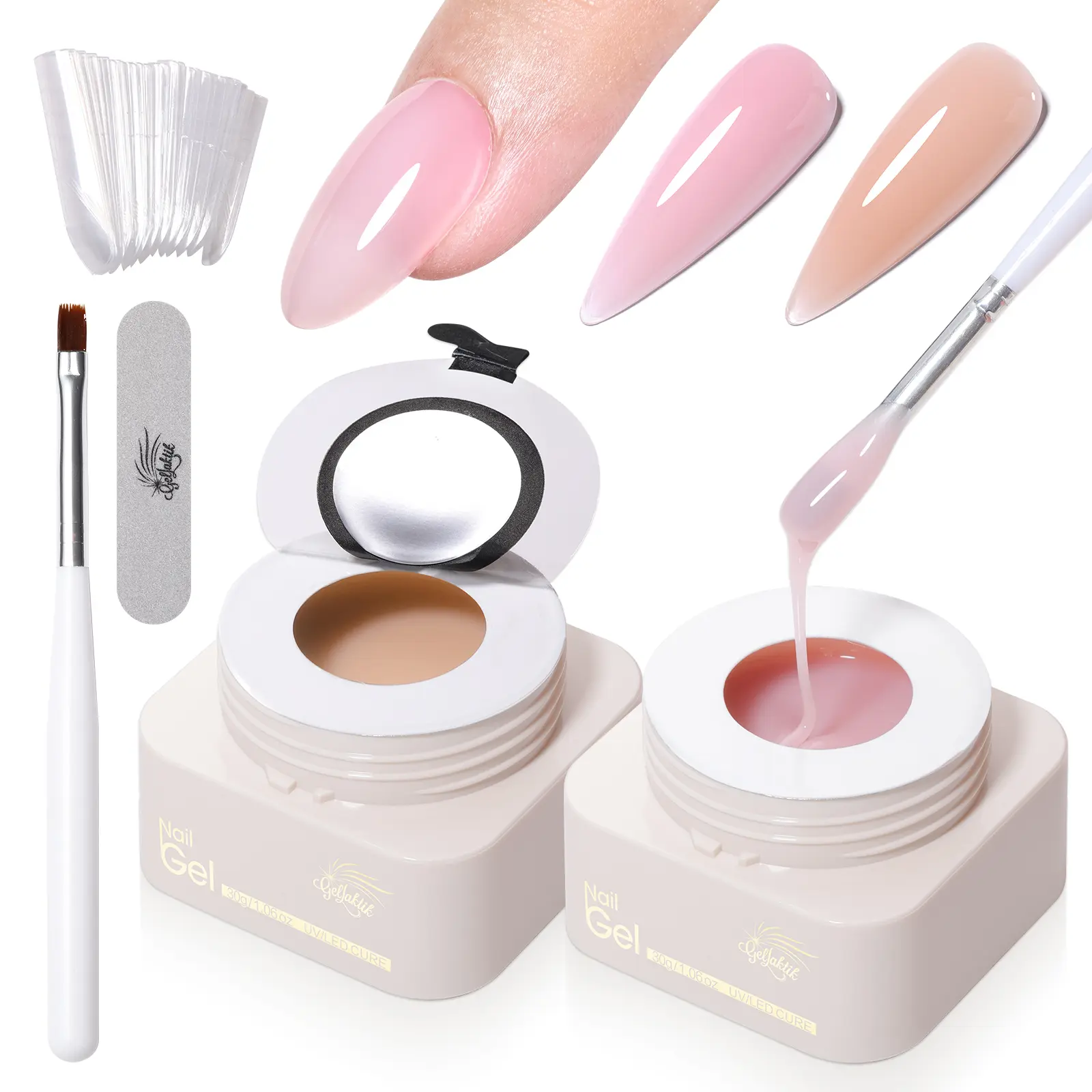 GELLAKTIK 7-in-1 Builder Base Gel Nail Polish (30g*2 with Tools), Nude Pink Natural Jelly Nail Care Item, Soak-Off UV Light Cure Strengthener with Rhinestone Cleanser & Wipe for Flawless Results, Lightweight sohochic