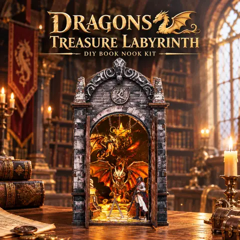 NOANTA Book Nook Kit - 3D Wooden Puzzle, Beginner-Friendly Wood DIY Package, DIY Woodwork Set with Dragon Figurine & Mini House Model, Step-by-Step Handmade Assembly Craft, Desktop Bookshelf Decor Gift for Adults