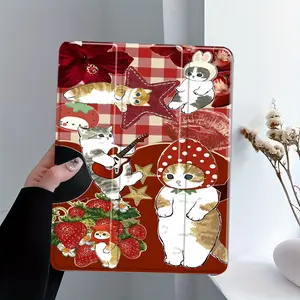 Trifold Stand iPad Case with Gingham & Cat Collage, Mushroom Cat & Guitar Kitten Print, Auto Wake-Sleep, Anti-Drop, Scratch-Resistant, Transparent Acrylic Back, Full Cover Protection, Fits 7.9/8.3/10.2/10.5/10.9/11/12.9 inch Tablets, Camera