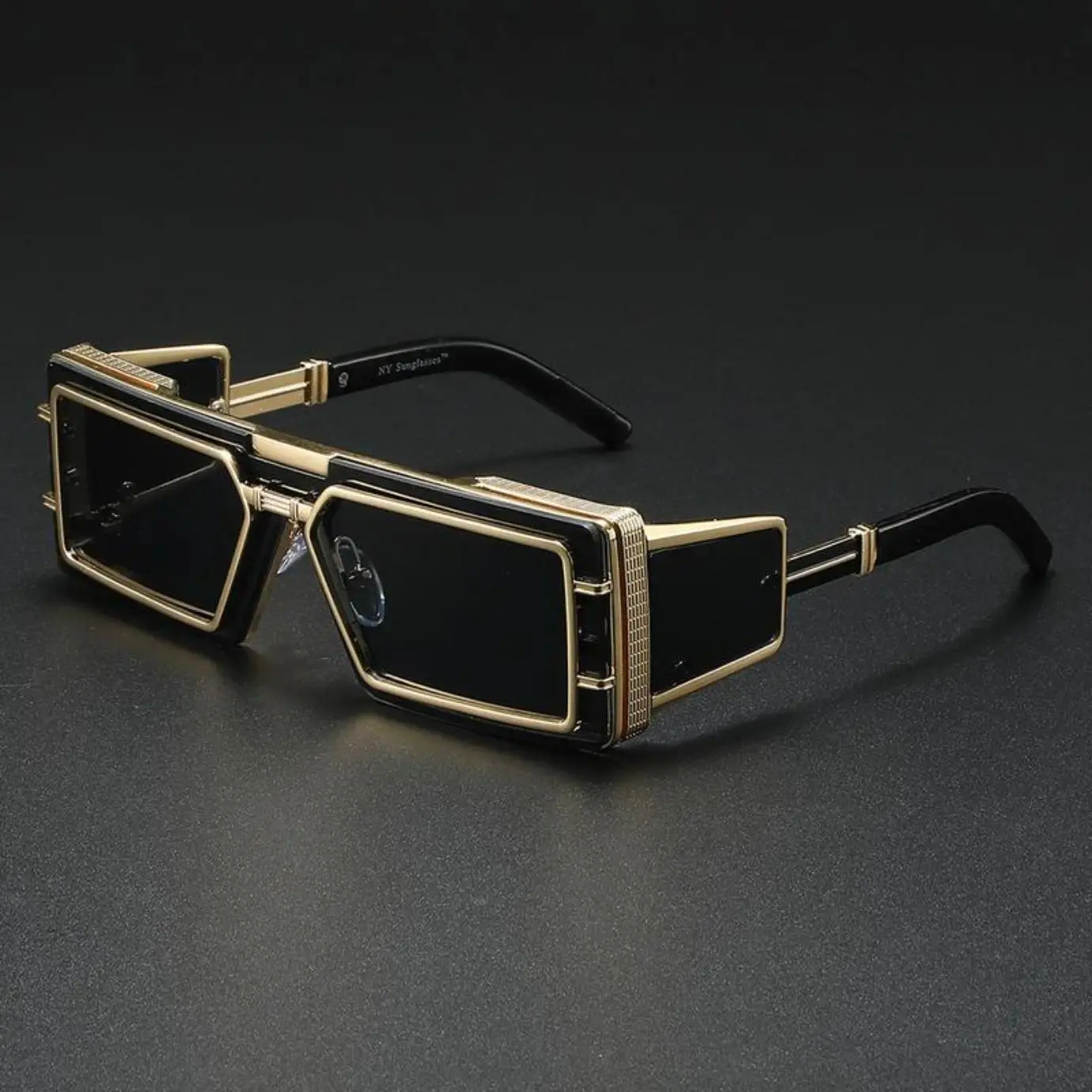Unisex Architectural Geometry Sunglasses - Black-Gold Metal Oversized Square Frames, Cut-Out Accents, Polished Finishes, Mirrored Dark Lenses, UV400 Protection, Ornate Luxe Detailing, Lightweight, Cycling & Outdoor Bold Style Statement, Metal Glasses, Ref