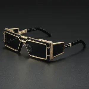 Futuristic Glam Geometric Square Sunglasses Black Gold Metal Frame with Cut Out Accents Square Mirrored Shades UV400 Protection Ornate Luxe Detailing