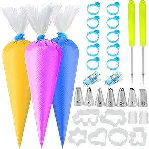 129 count Piping Bags and Tips Set - 100 12Inch Disposable Tipless Piping Bags for Royal Icing - Cake Decorating Baking Tools with 7 Frosting Tips, 10 Bag Ties, 2 Scriber ,6 Cookie Cutters