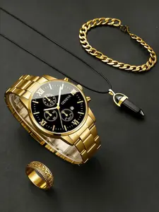 Men's Sport Style Round Quartz Watch Set with Calendar Function, Metal Strap, Casual Wear, Party Gift, No Box Included