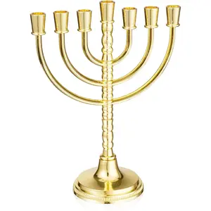 Rotatable Gold Plated 7 Branch Hanukkah Menorah Candle Holder Jewish 7 Arm Candlestick Holder for Chanukah Shabbat 6.7 inches