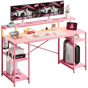 Bestier 55'' Pink Gaming Desk – Corner Computer Desk with LED Lights & Monitor Stand, Pink Carbon Fiber Finish