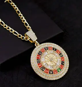 Gold Plated Spinning CZ Casino Roulette Lucky Pendant & 5mm 24" Figaro Chain Necklace Jewelry