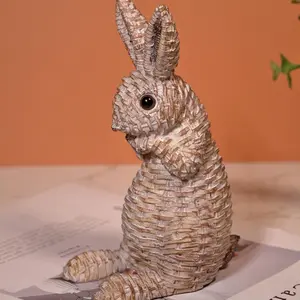 Resin Rabbit Figurine Garden Yard Home Decor, Woven Bunny Ornament for Room, Small Gift Idea, Cute Animal Decoration