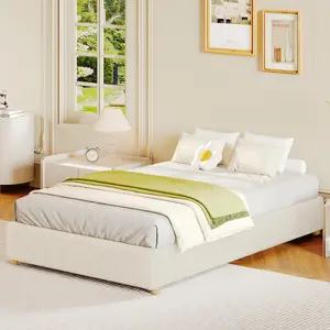 Cloud Bed Frame, Corduroy Soft Fabric Low Bed Frames with Solid Wood Round Legs, Platform Bed Without Headboard, No Box Spring Needed
