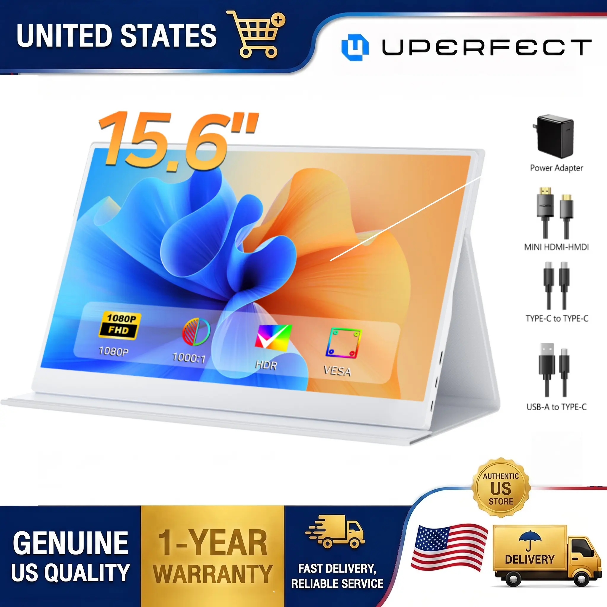 UPERFECT <20inches Fast IPS Portable Monitor - White Anti-Glare Screen, Built-in Stand, Dual USB-C Power+Video & HDMI Ports, Plug-and-Play for Laptops, PS5, Remote Work, Gaming