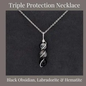 Triple Protection Necklace - Copper/Silver Coated Wire Wrapped Pendant - Black Obsidian Labradorite & Hematite - Crystal Healing Jewelry for Daily Use - Energy Protection & Spiritual Shielding