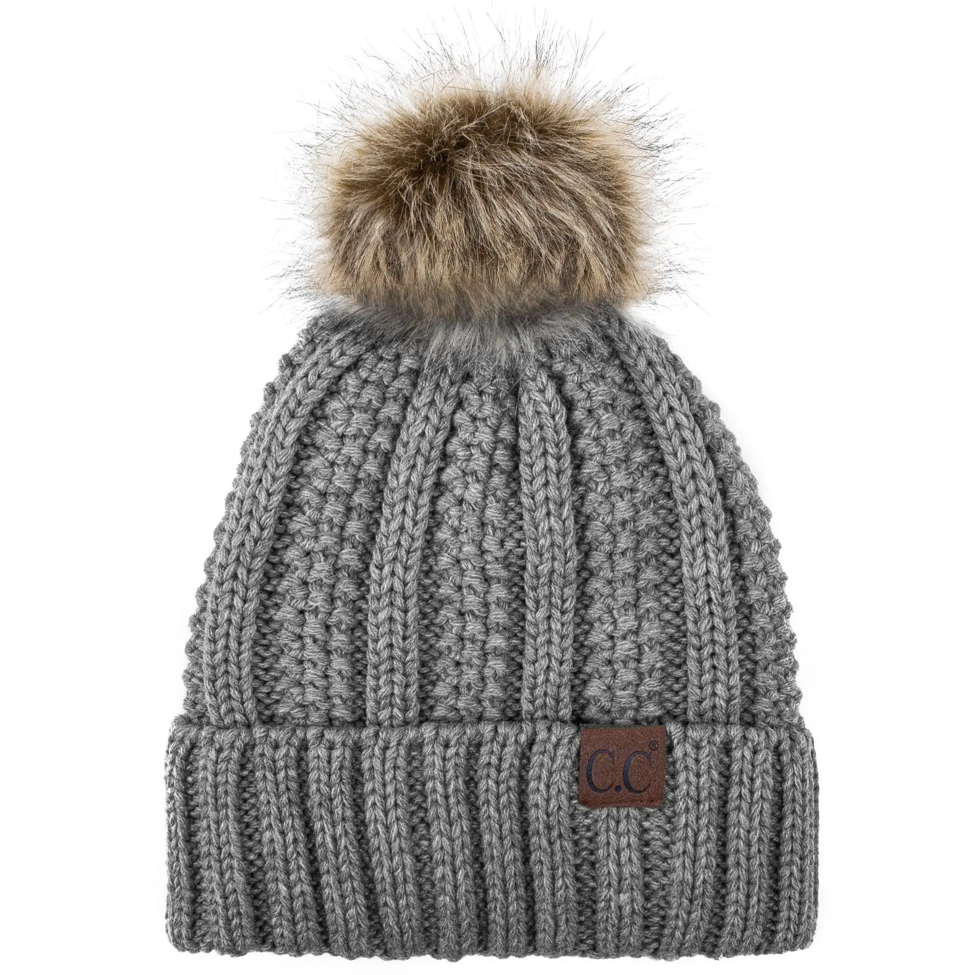 Thick Cable Knit Beanie with Faux Fur Pom Pom Fleece Lined 