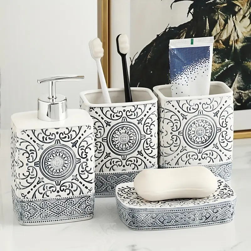 New 4pcs/set Bohemian Style Ceramic Bathroom Toiletry Set Including Soap Dish Lotion Bottle Mouthwash Cup And Toothbrush Holder
