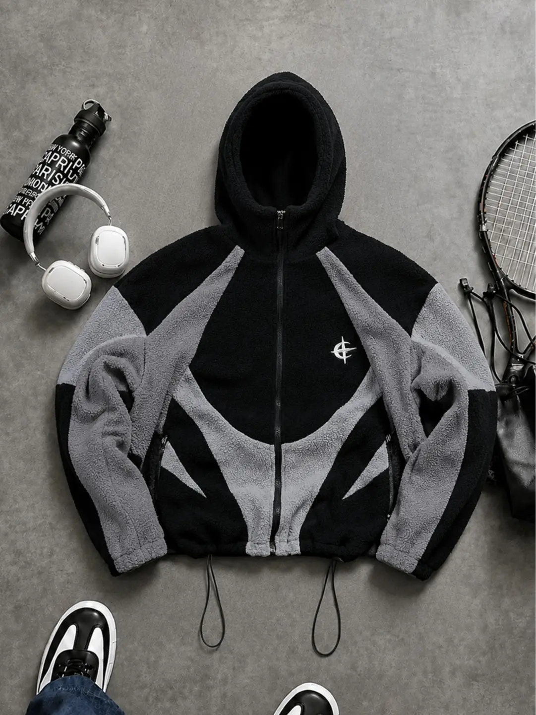 Men’s fleece jacket with full zipper and hood, color-block street style outerwear for autumn/winter, warm loose fit, Y2K casual outdoor fashion jacket, soft plush jacket