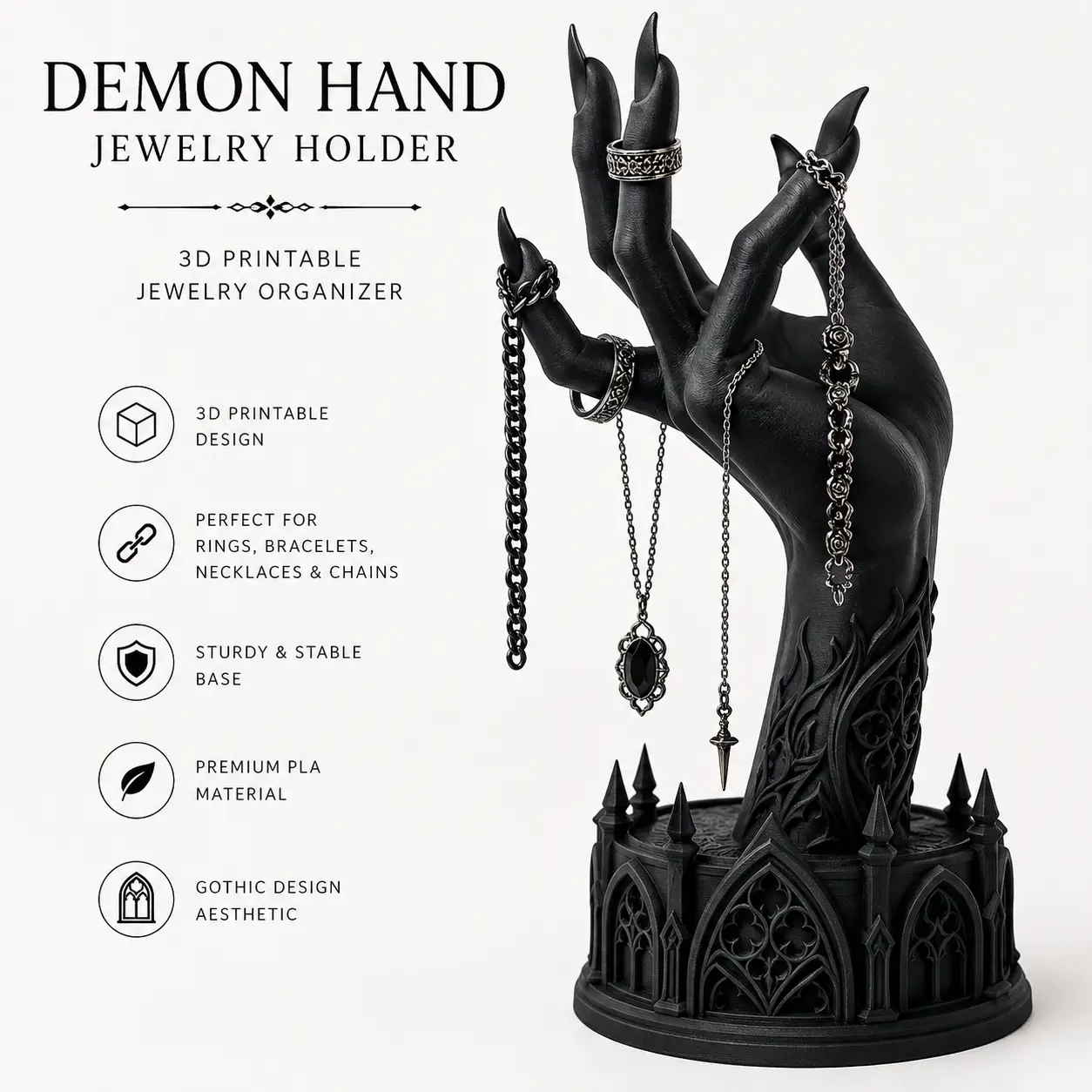Premium 3D Printed Gothic Demon Hand Jewelry Holder – Black Ring, Necklace & Bracelet Display Stand, Dark Fantasy Vanity Decor