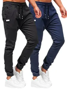 2pcs Men Casual Chino Cargo Joggers Pants Hiking Recreation Pants Twill Fitness Track Jogging Pants Casual Cotton Outdoor Drawstring Sweatpants Pants