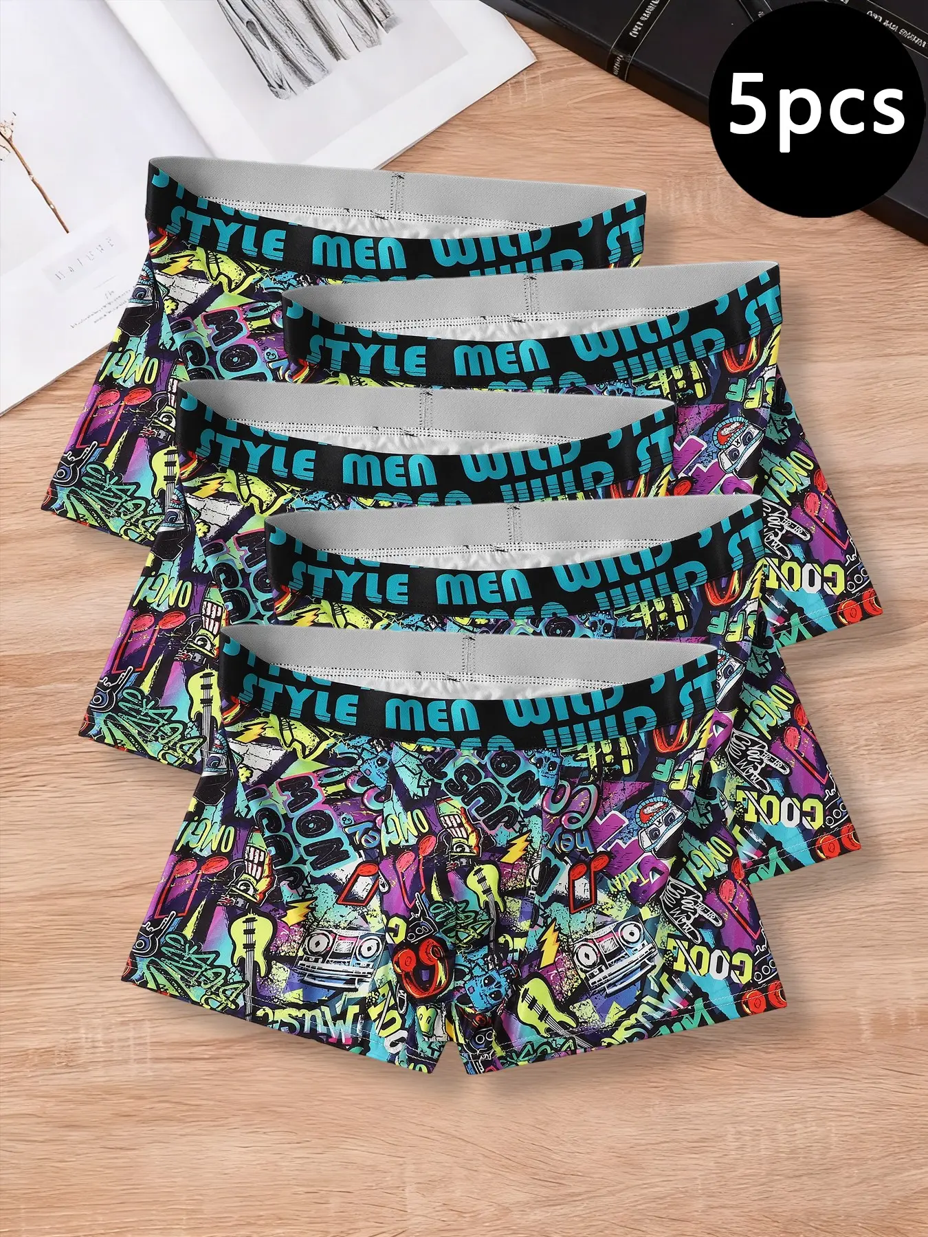 Men's Graffiti Print Boxer Set, 4-5 Pcs, Comfortable Fashion Underwear, Perfect Fit for Daily Wear & Travel, Loose-Fitting Design