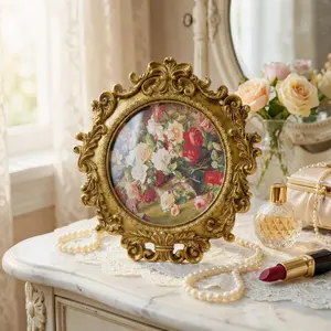 Vintage Round Gold Picture Frame 4x4 Inch, Ornate Floral Resin Photo Frame with HD Glass, Antique Style Small Picture Frame for Tabletop or Wall Display, Retro Decorative Frame for Home Decor