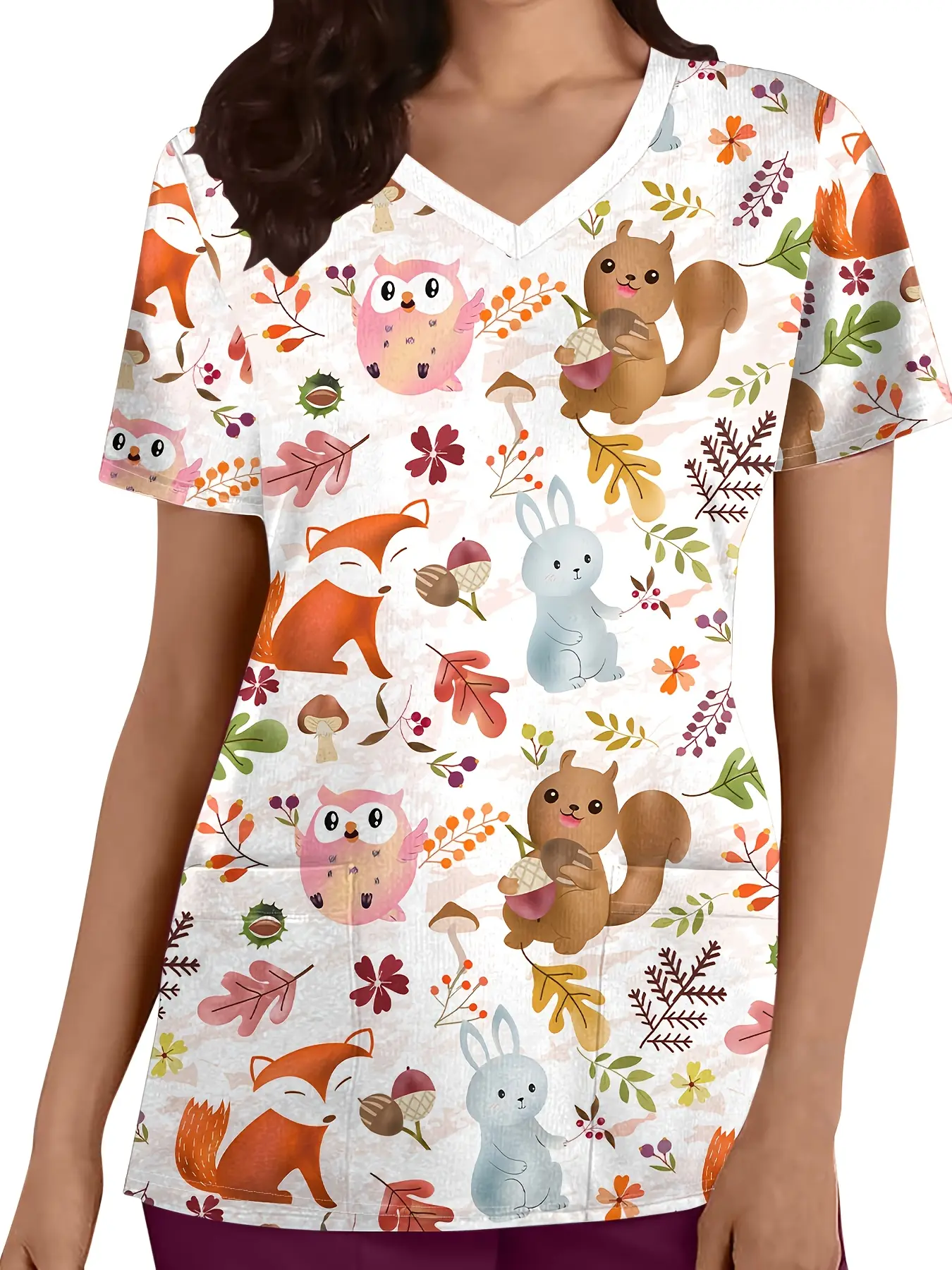 Women's V-Neck Workwear Top - Cute Rabbit, Squirrel, Owl, Fox & Floral Tea Print, Comfortable Practical Hospital Uniform, All-Season Fashion Clothing