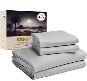 California Design Den Certified 100% Egyptian Cotton Queen Size Sheet Set with Deep Pocket & Sateen Cooling Fabric Light Gray 4-Piece Bedding Set
