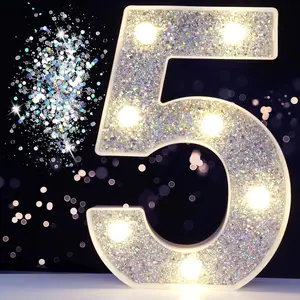 Silver Decorative Signage, Lighted Number 5, Battery Powered LED Night Light for Christmas Wedding Home Bar Birthday Party Decoration, Plastic, Silver, 8.86 inches