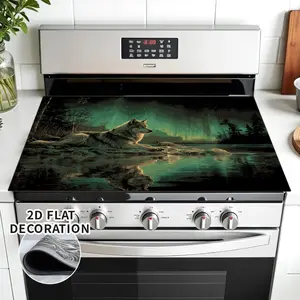 1 Wolf and Aurora Forest Stove Protection Pad - Household Non slip rubber cover with wolf howling under the moon, suitable for induction cookers, space saving design, scratch resistant surface protector, suitable for gas/electric stoves