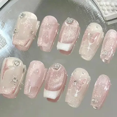 Glitter Press on Fake Nail, 24pcs/box Removable Nail Art Artificial Full Cover, Women Girls DIY Manicure, Nail Art Supplies, Elegant Press on Fake Nail Kit Translucent Glitter