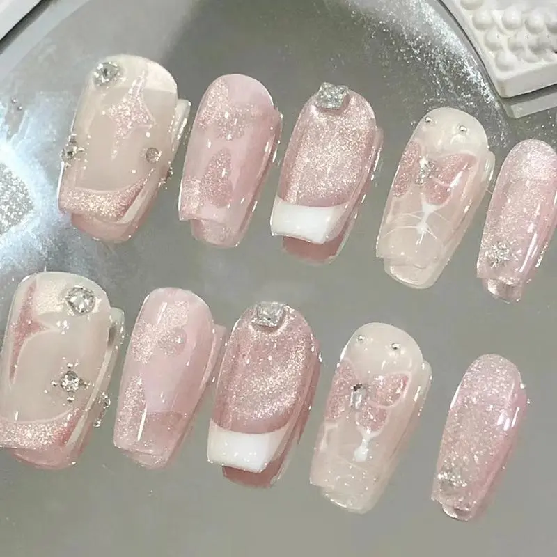 Glitter Press on Fake Nail, 24pcs/box Removable Nail Art Artificial Full Cover, Women Girls DIY Manicure, Nail Art Supplies, Elegant Press on Fake Nail Kit Translucent Glitter