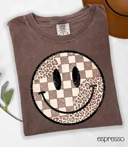 Comfort Colors Retro Smiley Face T-shirt, Leopard Print Shirt, Checkered Smiley Face Shirt, Gift For Her, Women's T-shirt, Smiley Face