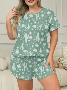 Summer Women's Sleepwear Loungewear Set, Casual Round Neck Short Sleeve Shorts, Multiple Prints, Elegant Comfortable, Wear-Outside Pajamas