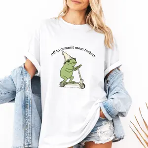 Mama Frog Shirt Off to Commit Mom Foolery TShirt Funny Frog Scooter Witch Graphic Tee Cute Meme Mom Life Humor Gift for Mom Birthday Mother’s Day Present 100% Cotton Made in USA.