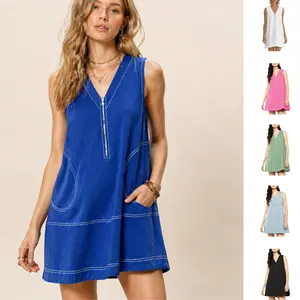 Tanming Women's Half Zip Cotton Dress Summer Sleeveless V Neck Colorblock A Line Mini Dresses with Pockets Spring #SpringStatements Summervibes Womenswear Vneck Everyday