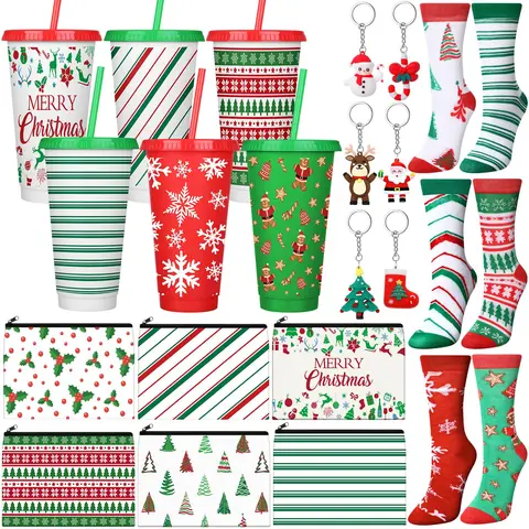 6 Set Christmas Bulk Gifts Tumbler Cosmetic Bag Santa Crew Socks Keychain for Women Coworkers Teachers Friends Team Neighbor for Xmas Party Favors Burr Basket Secret Santa Gift Exchange