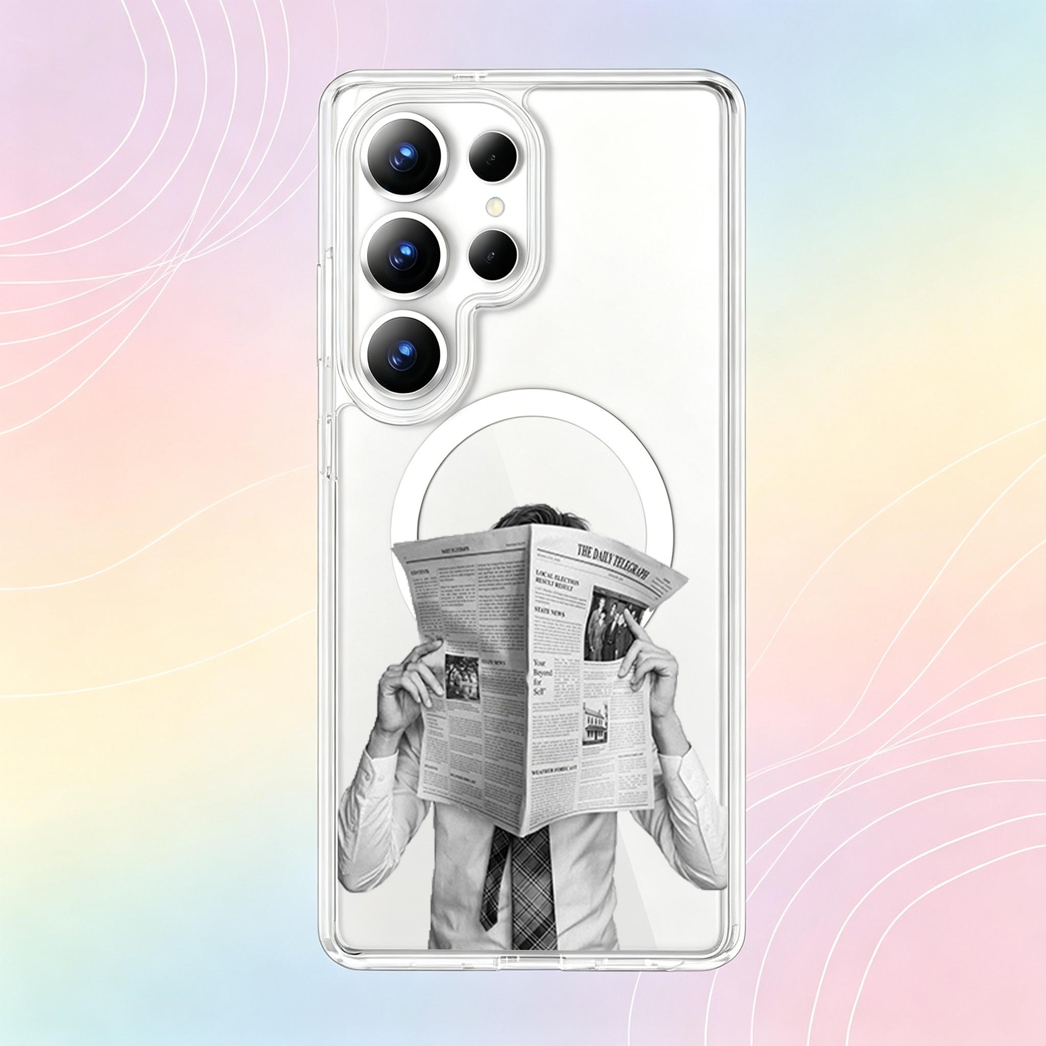 Retro-style phone case –  magnetic protective case. This K-Pop concert-themed product features a retro black and white aesthetic and an artistic boy band design, specially created for ARMYs. (Compatible with all Samsung models)