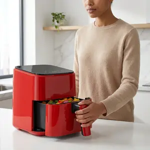 3Qt Electric Air Fryer - Digital Touchscreen, Non-Stick Basket, White/Red Aesthetic