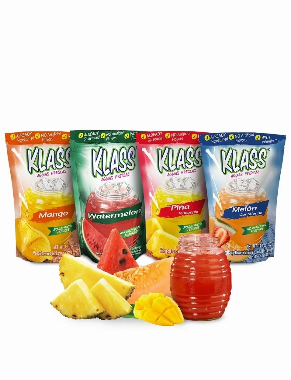Klass Aguas Frescas Drink Mix Tropical Variety Pack, Watermelon, Cantaloupe, Mango & Pineapple Drinks Flavors, From Natural Sources, With Vitamin C (Makes 7 to 9 Quarts) 14.1 Oz Family Pack (4-Pack)