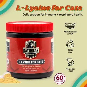 Daybreak Nutrition L-Lysine for Cats and Kittens - 900 mg L Lysine Powder for Cats for Immunity & Respiratory Support - Cat Supplement with L-Lysine, Prebiotics, Krill, & DMG for Immune System