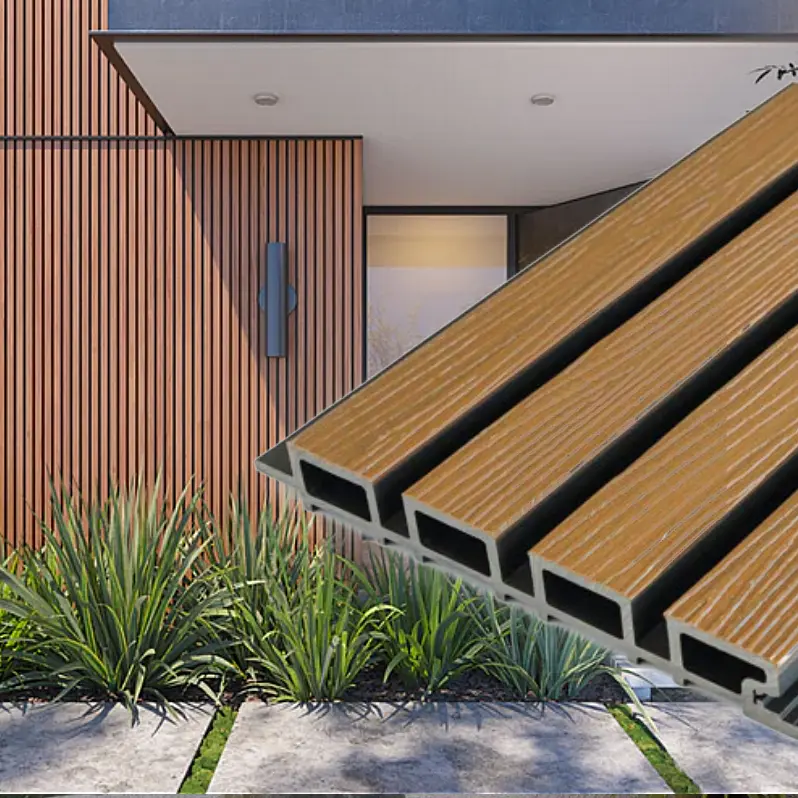 Weathered Teak Composite Slat Wall Panels – Wood Grain Decorative Wall Cladding with Black Accent Finish, Modern Interior & Exterior Wall Decor