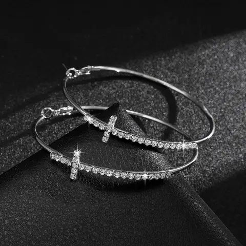 Women's Exaggerated Large Circle Earrings, Sparkling Cross Rhinestone Hoop Earrings, Studded Cross Earrings, Statement Earrings, Party Festival Earrings, Statement Hoops Earrings, Bling Stylish Accessory, Stylish Jewelry