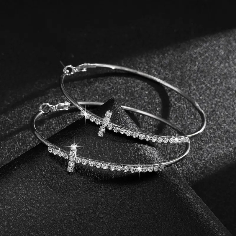 Women's Exaggerated Large Circle Earrings, Sparkling Cross Rhinestone Hoop Earrings, Studded Cross Earrings, Statement Earrings, Party Festival Earrings, Statement Hoops Earrings, Bling Stylish Accessory, Stylish Jewelry