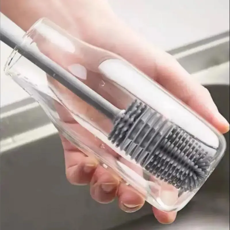 1pc FlexiClean Multi-Purpose Silicone Cleaning Brush with Long Handle - Manual Non-Electric Plastic Scrubber for Kitchen, Bathroom, Living Room - Cup, Bottle, and Clothes Cleaner