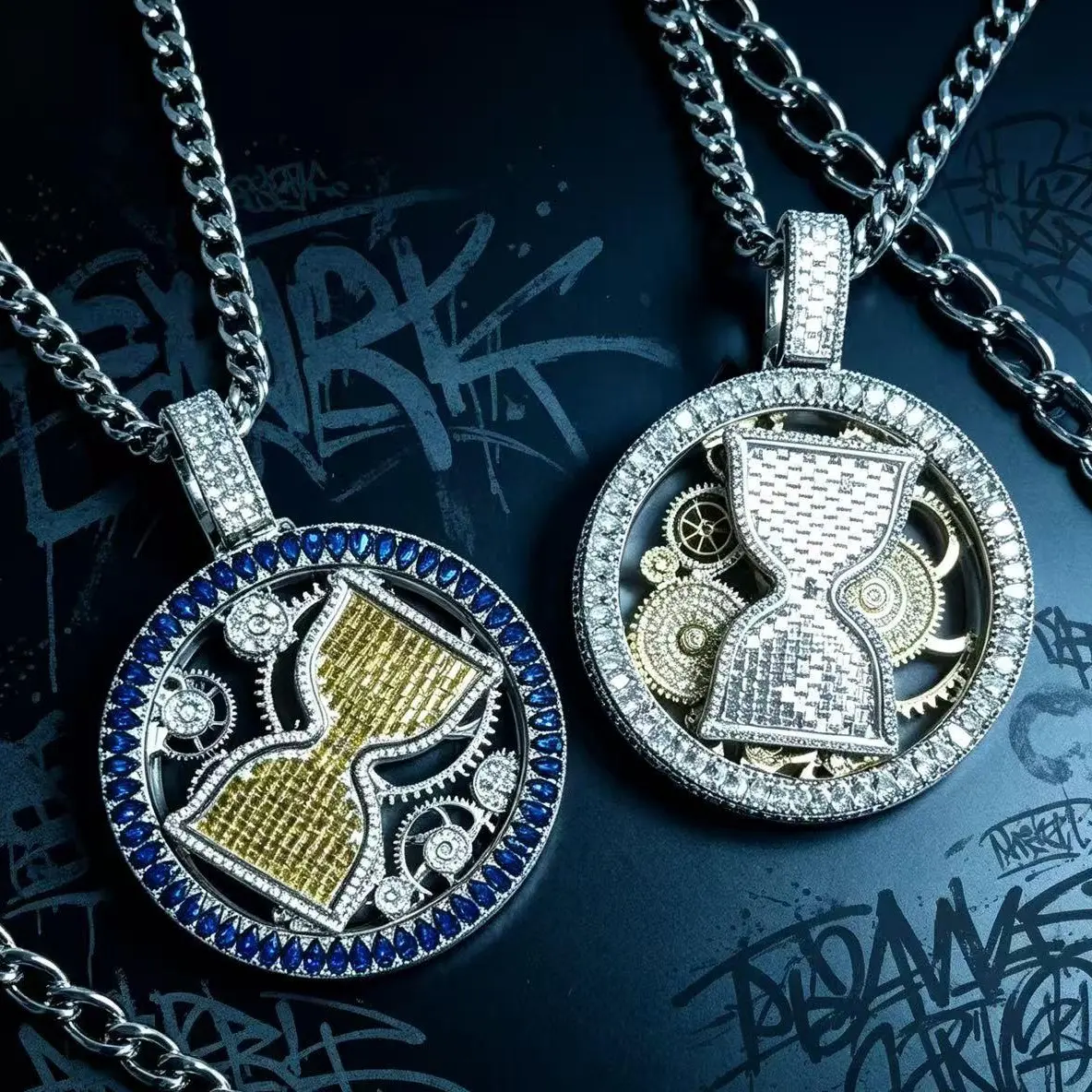 M2-8037  Iced‑Out Mechanical Gear Hourglass Medallion Pendant, Full Micro‑Paved CZ Diamond Hip‑Hop Circular Necklace For Men Rapper Jewelry