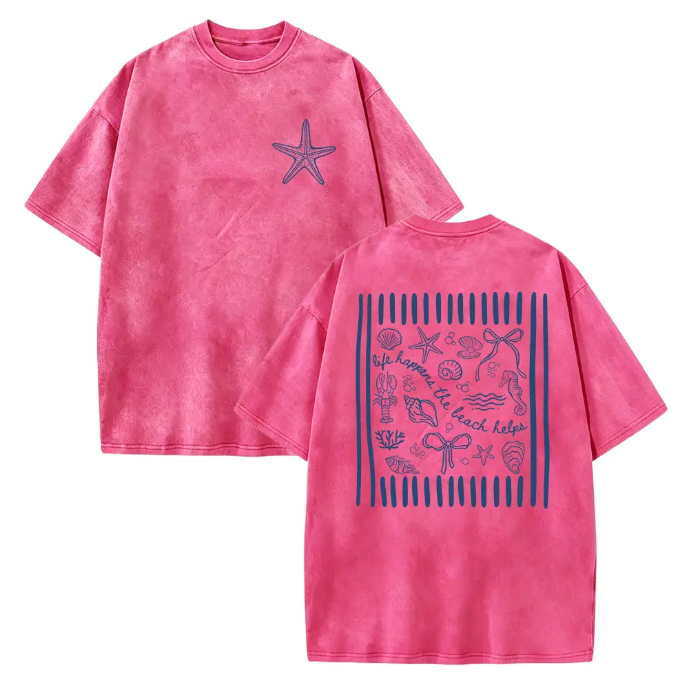 Everyday Cotton Short-Sleeve Casual Streetwear Garment, "Life Happens The Beach Helps" Graphic, Coquette Seashell Design Washed Sports Top, 1-Piece Gift Option