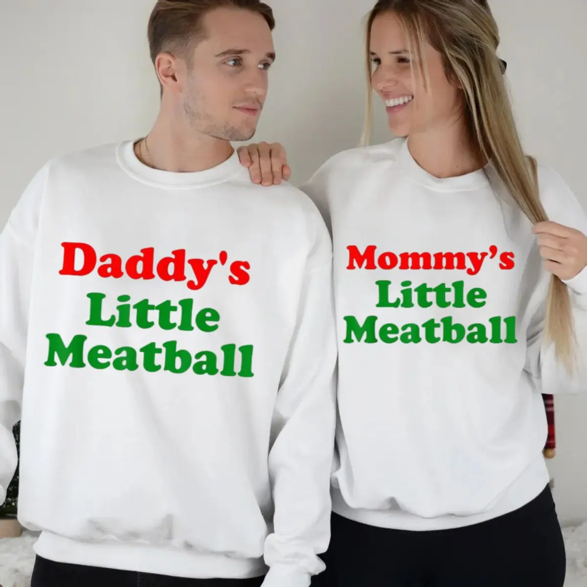 Funny Matching Family Sweatshirts, Mommy Daddy Little Meatball Shirt, Cute Foodie Holiday Outfit Gift, Fun Gift For Parents, Unisex Long Sleeve Crewneck