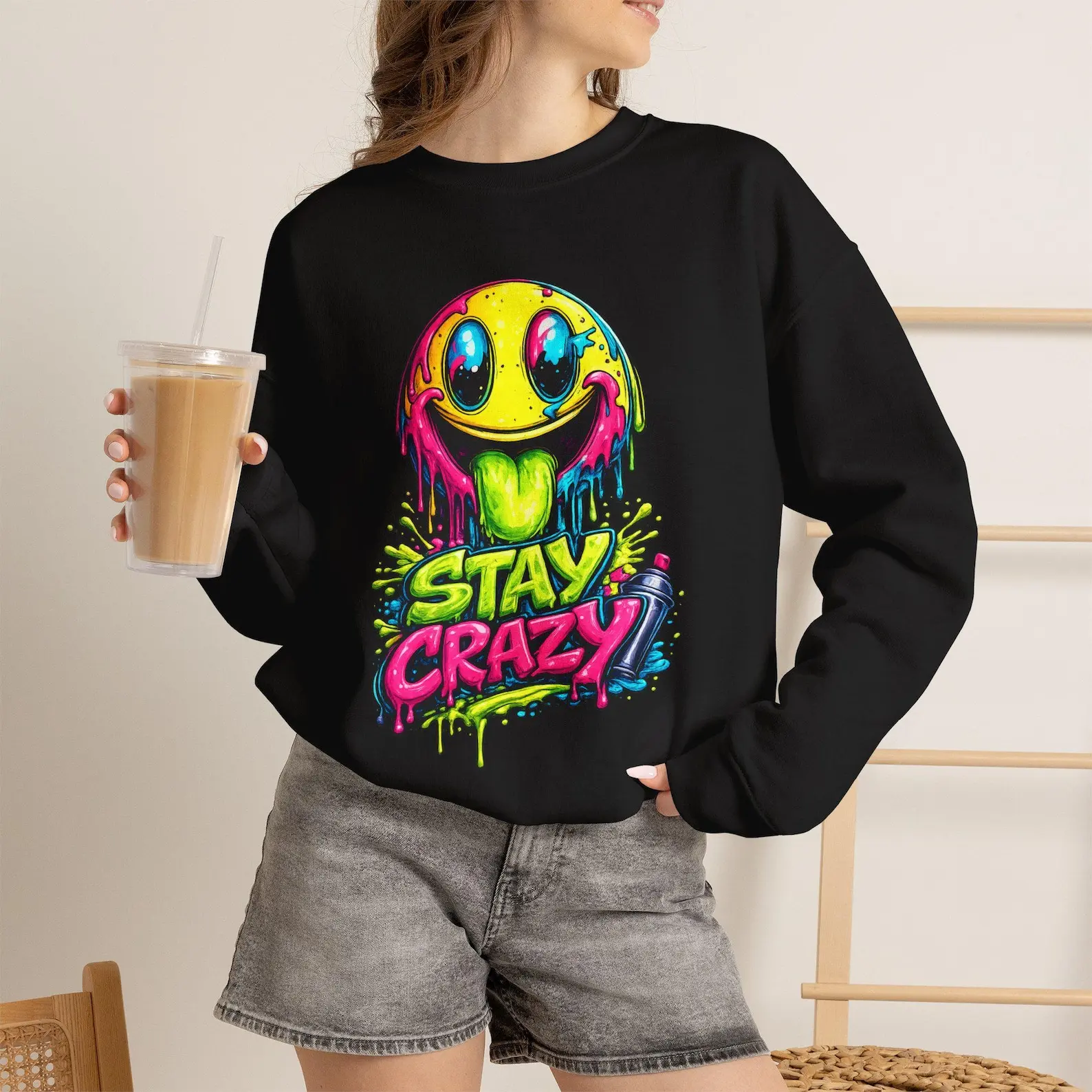 Graffiti Smiley Face Sweatshirt, Drip Streetwear Crewneck, Urban Pop Art Pullover